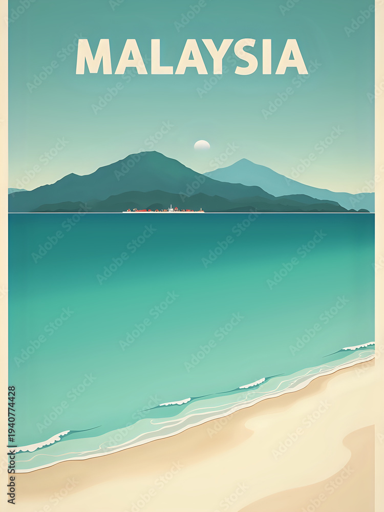 A beach with soft sand and gentle ocean waves. In the background, green mountains rise under a clear sky. The sun is low on the horizon, casting light over the water.