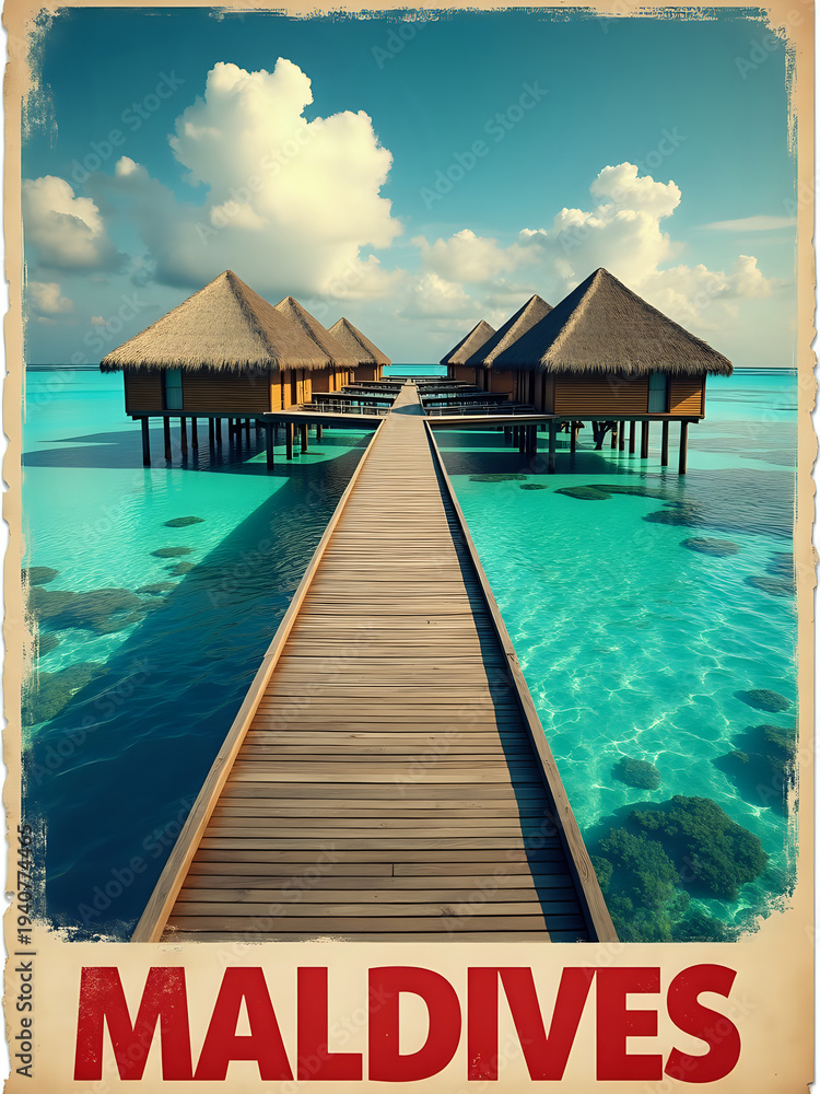 Water bungalows stand on stilts in the clear blue water of Maldives. A wooden walkway connects them. Clouds drift in the sky above. Bright sunlight shines on the scene.