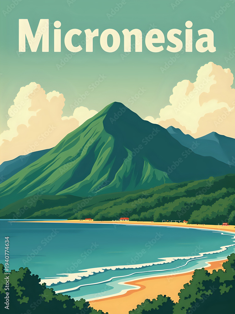 A mountain rising near the ocean. The beach is visible with some buildings along the shore. The sky has clouds, and the sun is shining. This view captures nature.