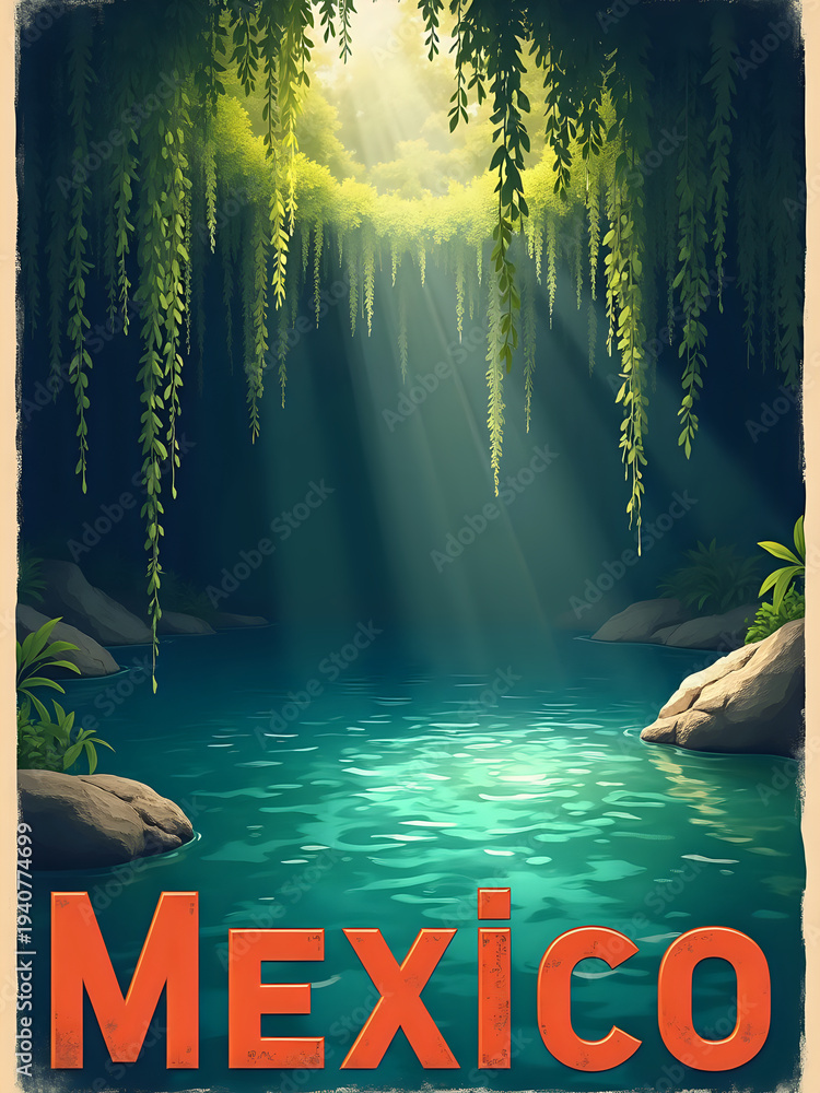 Sunlight pours into a cave, illuminating clear water below. The walls are lined with green plants and moss. This scene shows the beauty of nature in Mexico.