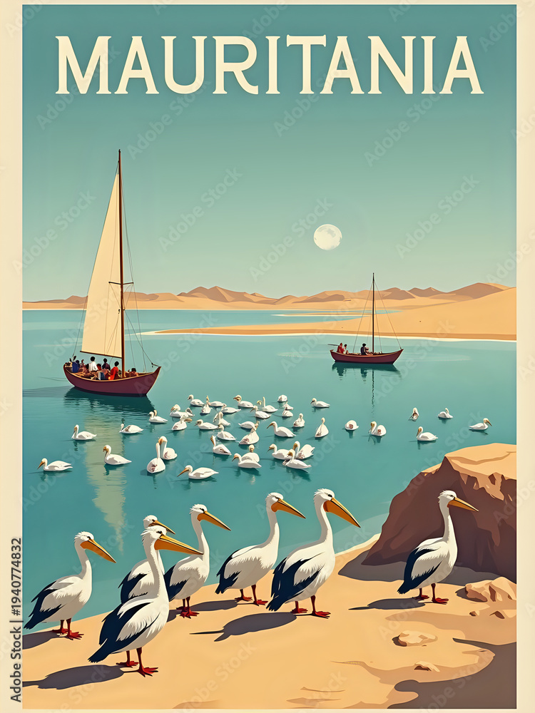 Storks stand on the shore near a body of water. Two boats are seen in the distance with people on board. The sun is low in the sky, casting light on the scene.