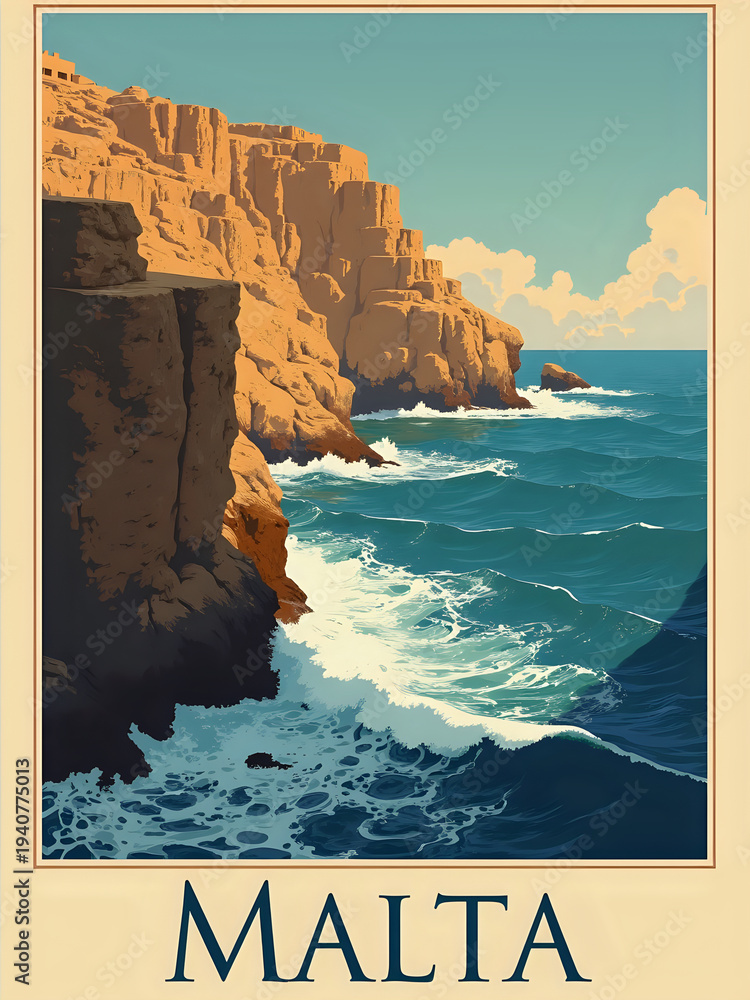 The scene shows cliffs and the sea at Malta. Waves crash against the rocky shore. The sky is blue with white clouds. The sun shines brightly over the landscape. The scenery looks natural and inviting.