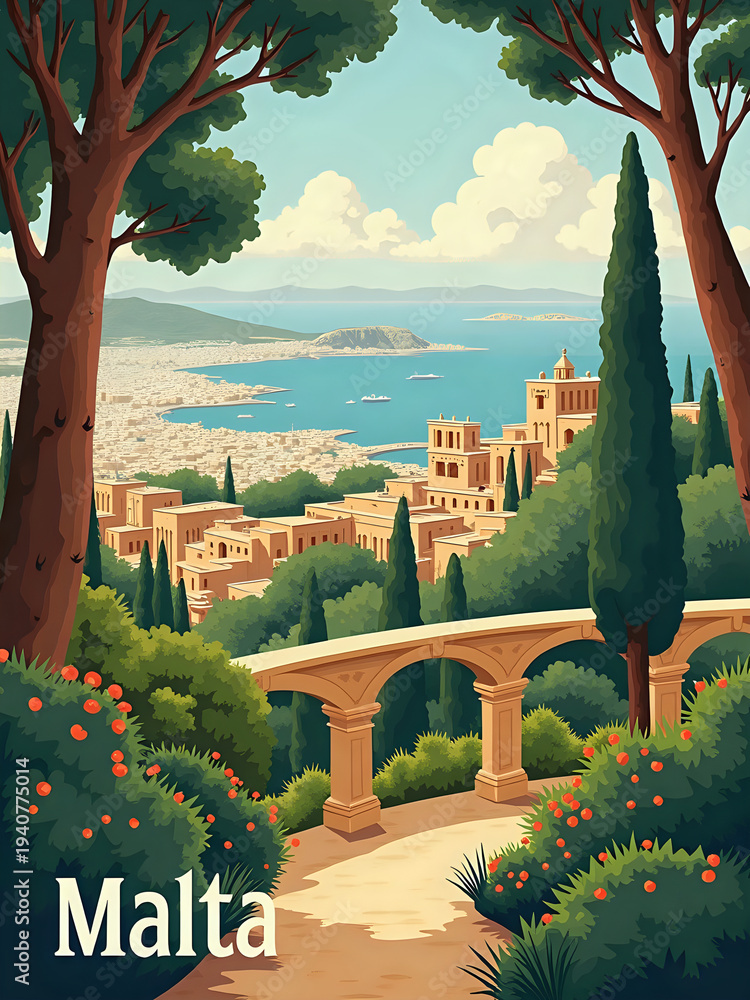 A view of Malta featuring green hills, trees, and buildings near the sea. The coastline is visible with boats on the water. The sky is bright with clouds.