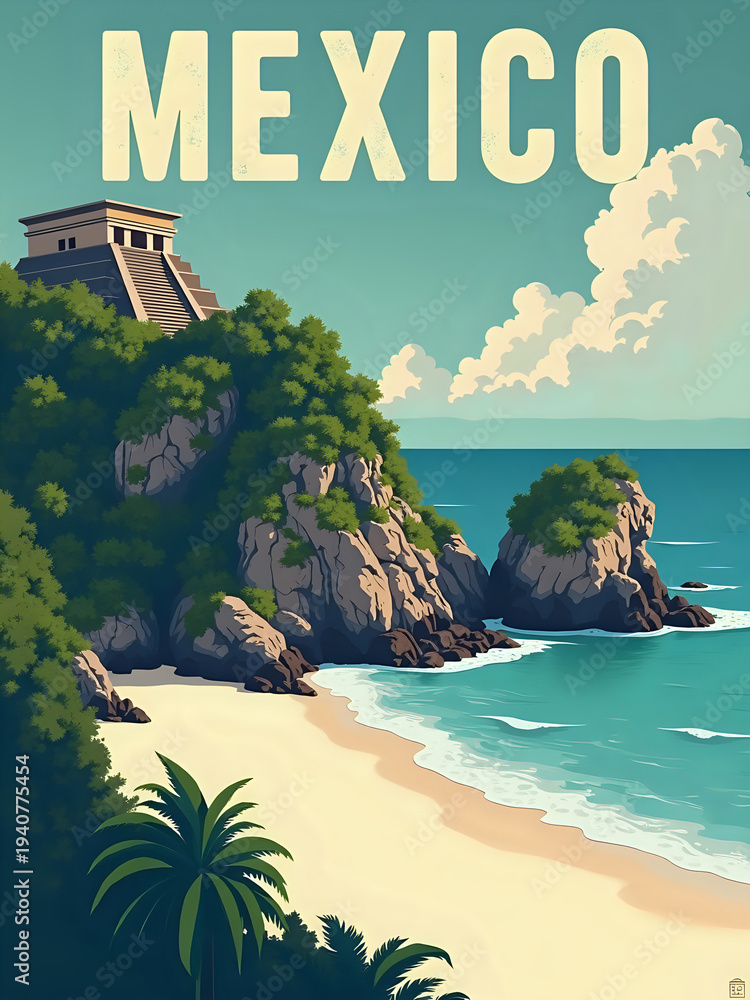 The coastline of Mexico with a historical structure perched on a hill. Waves crash on the sand, and palm trees frame the beach. The sky is bright with clouds.