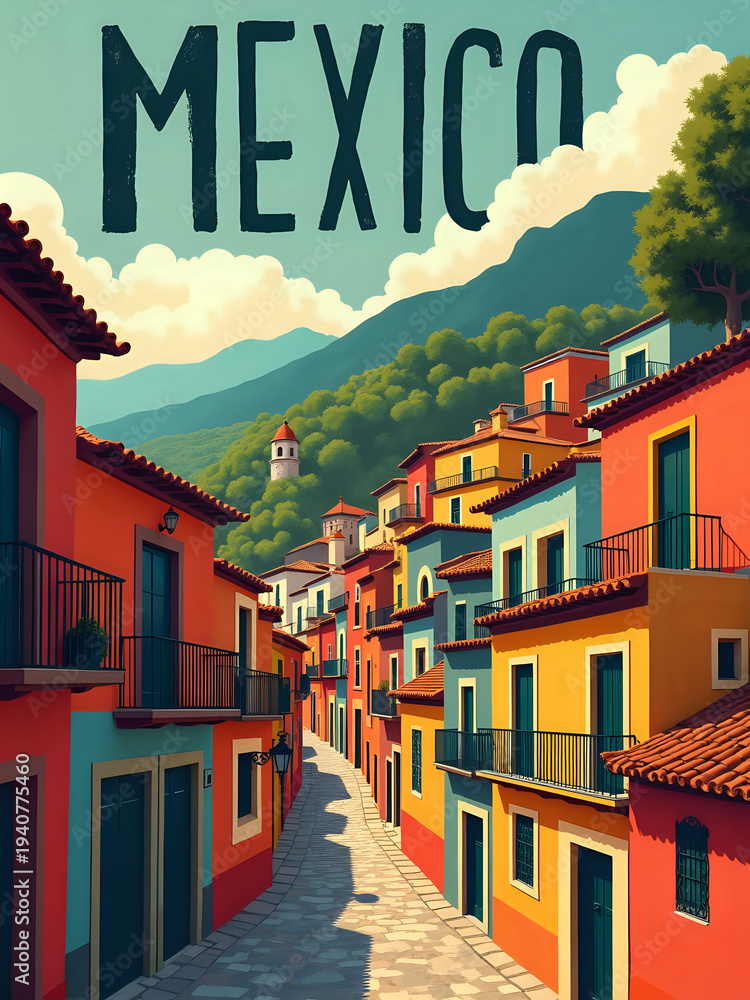 A street in a Mexican town. Colorful buildings line the narrow street, which leads towards green mountains. A tower is visible on the hill under a clear sky.