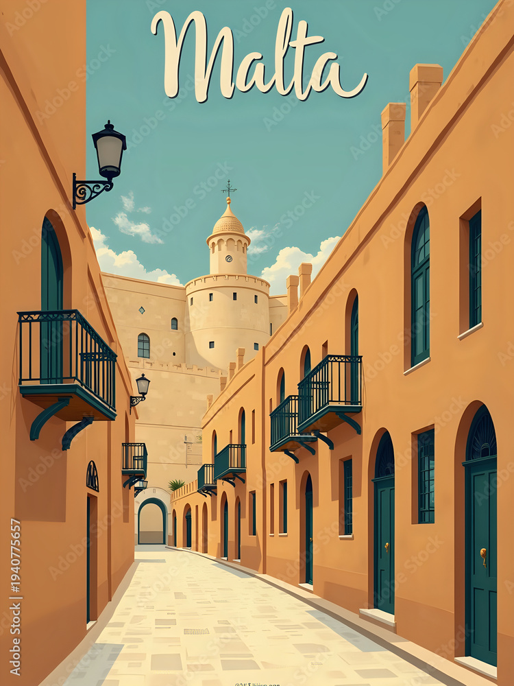 A narrow street in Malta features orange buildings with balconies and doors. A castle is seen in the background under a clear blue sky. People walk along the path enjoying the sunny day.