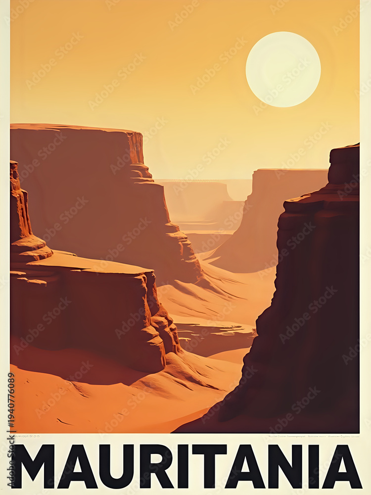 A large sun sets over deep canyons in Mauritania. The rocky cliffs show layers and patterns. The soft light creates shadows, highlighting the natural shapes of the terrain.