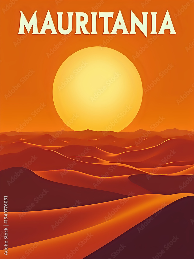A large sun sets over the rolling dunes of the desert in Mauritania. The sky is filled with warm orange tones. The scene captures the beauty of the natural landscape in a simple way.