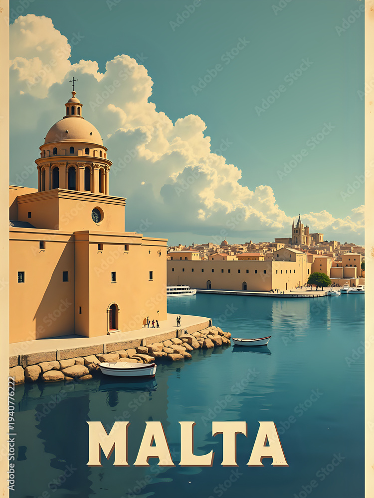 The scene shows a harbor in Malta with boats, clear water, and buildings along the shore. The sky has clouds and the sun is shining, giving a bright atmosphere to the area.