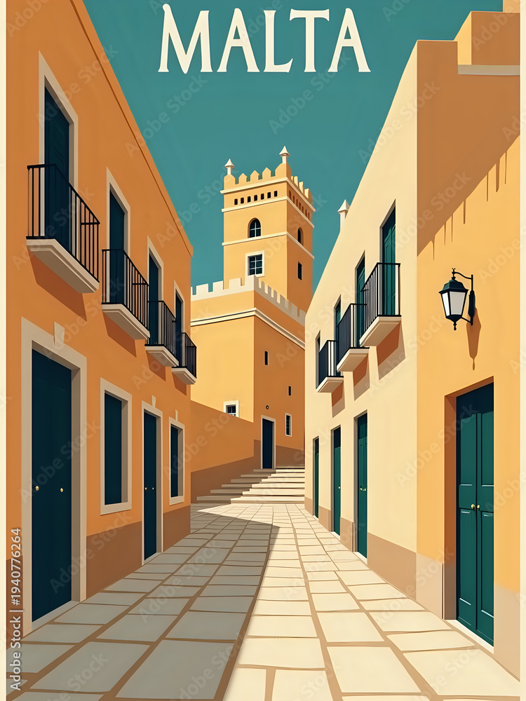 The scene shows a narrow street with warm-colored buildings on both sides. A tall tower is seen in the background. The sky is clear, adding brightness to the view.