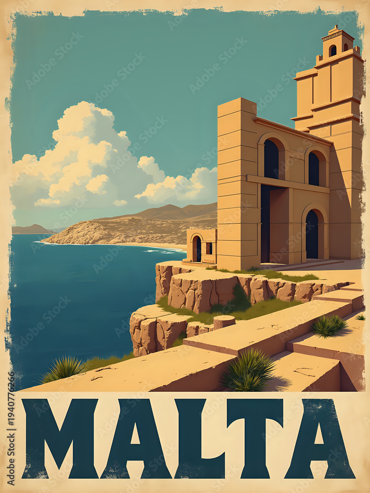 A structure stands on the edge of the coast of Malta. The blue sea is visible beside the rocky shore. The sky has clouds. The building has large windows and a tower.