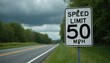© Vadym - Roadside speed limit 50 mph sign. Trees line the highway under a cloudy sky. Asphalt road with yellow and white lines stretches into distance.