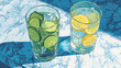 © chirawat - Refreshing Drinks with Cucumber and Lemon: Two glasses filled with ice cubes and infused with slices of fresh cucumber and zesty lemon, offering a cool and invigorating refreshment.