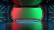 © Mujeeb - A futuristic television studio with a green screen and colorful lights
