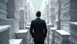 © Pete - Man in suit walks between tall stacks of paper. He navigates maze of documents, symbolizing business challenges and bureaucracy overload. Facing immense workload, he seeks path through information.