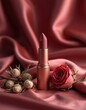 © Viktor - Elegant matte lipstick in rose gold tube rests on soft pink silk fabric near fresh red rose and buds. Luxury cosmetic beauty product and floral decor creates romantic ambiance for makeup advertising.