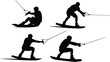 © SHARMIN - Wakeboarding athlete silhouettes set, black white extreme water sport action poses with rope, dynamic summer adventure illustration collection