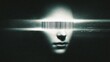 © Anat art - Holographic AI head slowly appears with barcode stripes masking eyes and mouth in a dark space filled with volumetric light creating a strong visual.