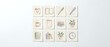 © Yuliia - Minimalist line art icons set featuring office supplies, books, plants and workspace elements in soft pastel colors on white background for modern design projects.