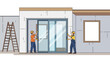 © maya - Construction workers installing large glass sliding doors on a building exterior