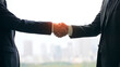 © metamorworks - Group of business people shaking hands with city in the background