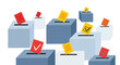 © Ravi - Multiple blue and light blue ballot boxes with red and yellow voting slips, some marked with checkmarks, representing election, democracy, and political choice vector illustration