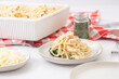 © Jeremy Pawlowski - Creamy chicken pasta bake. Easy spaghetti dinner idea