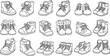 © pixsource - Cute Baby Shoes Line Art Collection. Black and White Hand Drawn Doodle Set of Infant and Toddler Footwear, Boots, and Sneakers for Children's Fashion
