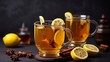 © PakistanGaming - Hot toddy - hot whiskey with lemon, honey and spices. On a dark background, created with generative ai