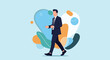 © Robiul - Successful businessman in a sharp navy suit walks confidently with his phone against a vibrant abstract background with charts.