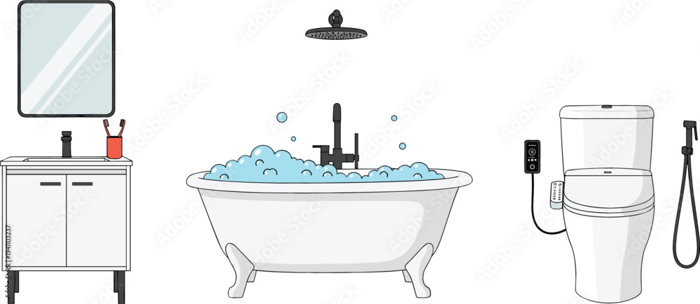 Modern bathroom interior set with white vanity cabinet bathtub with ...
