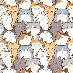  Seamless Pattern of Cartoon Cat Illustration. Hand Drawn Vector Illustration. 