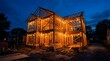 © ahmadinks - House under construction at dusk with framing illuminated at nighttime suburban setting viewpoint