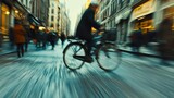Fast cyclist motion blur city street urban transportation
