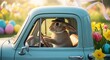 © detry26 - Easter bunny driving vintage blue truck surrounded by colorful eggs and blooming spring flowers. Adorable holiday scene of joyful rabbit adventure in sunny garden for celebration and seasonal fun