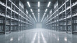 © 沈军 贡 - Interior of a modern industrial warehouse with metal shelving racks, bright lighting, and reflective flooring. Ideal for storage, logistics, and distribution operations.