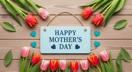 Happy mothers day sign with colorful tulips on wooden background
