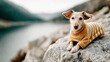© Pinklife - A small, fashionable dog in a striped sweater comfortably rests on a rock, surrounded by stunning natural scenery, evoking a sense of serenity and contentment.