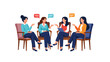© Tahomina - Group of four women sitting in a circle on armchairs engaged in a discussion with speech bubbles indicating group therapy or a meeting.