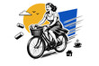 © Svitlana - Black and white vintage-style illustration of a woman riding a classic bicycle with a basket, dynamic cut-out composition with white contour outline, large