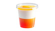 © Gelas - Layered beverage in a clear plastic cup, orange juice, and a topping