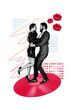 © deagreez - Vertical photo collage of two happy guy girl wear formal sexy suit dress kiss mouth lips valentine holiday isolated on painted background