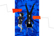 © deagreez - Vertical art creative trend collage of two happy girl guy handstand upside down chair bubble communication phone icon message