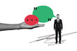 © deagreez - Composite photo collage of serious businessman wear formal suit hand palm colorful bubble communication isolated on painted background