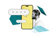 © deagreez - Creative collage picture young man customer support smartphone digital device screen operator service headphones drawing background