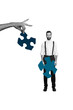 © deagreez - Vertical photo collage of serious businessman hold puzzle segment logic development hand hold other piece isolated on painted background