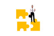 © deagreez - Creative collage young handsome man entrepreneur diligent employee manager suitcase puzzle game match fragments elements connection logic