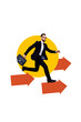 © deagreez - Vertical photo collage of serious businessman run arrow direction development growth carry briefcase isolated on painted background
