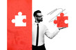 © deagreez - Collage poster picture of handsome young man hand hold puzzle element isolated on drawing background