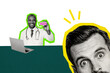 © deagreez - Composite photo collage of smile american man doctor browsing macbook device scared patient consultation isolated on painted background